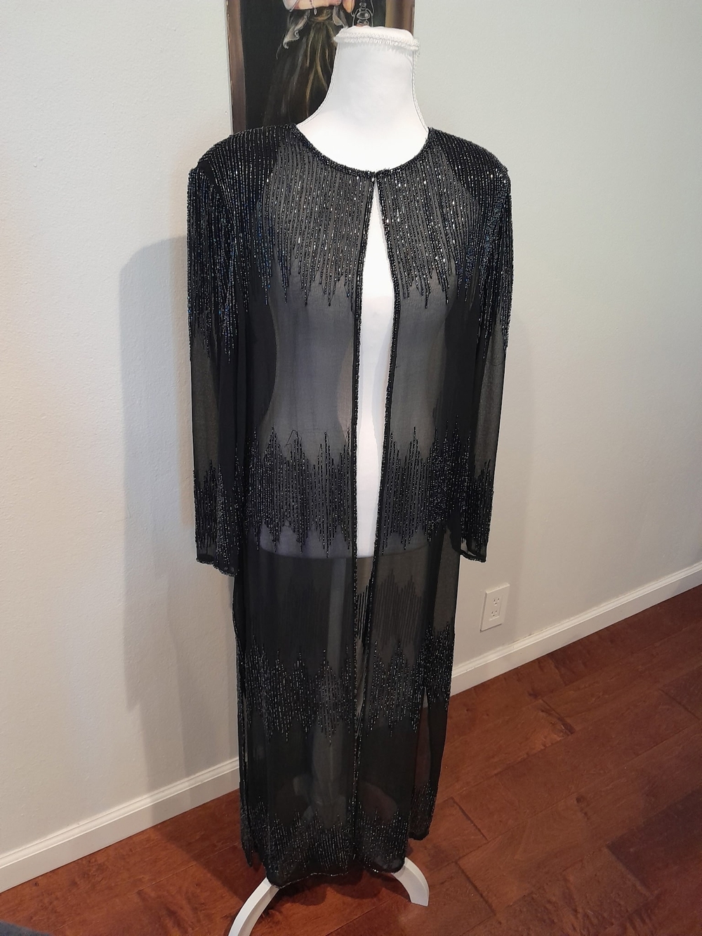 Vintage Mark & John By Gopal Black Beaded Sheer Long Sleeve Duster